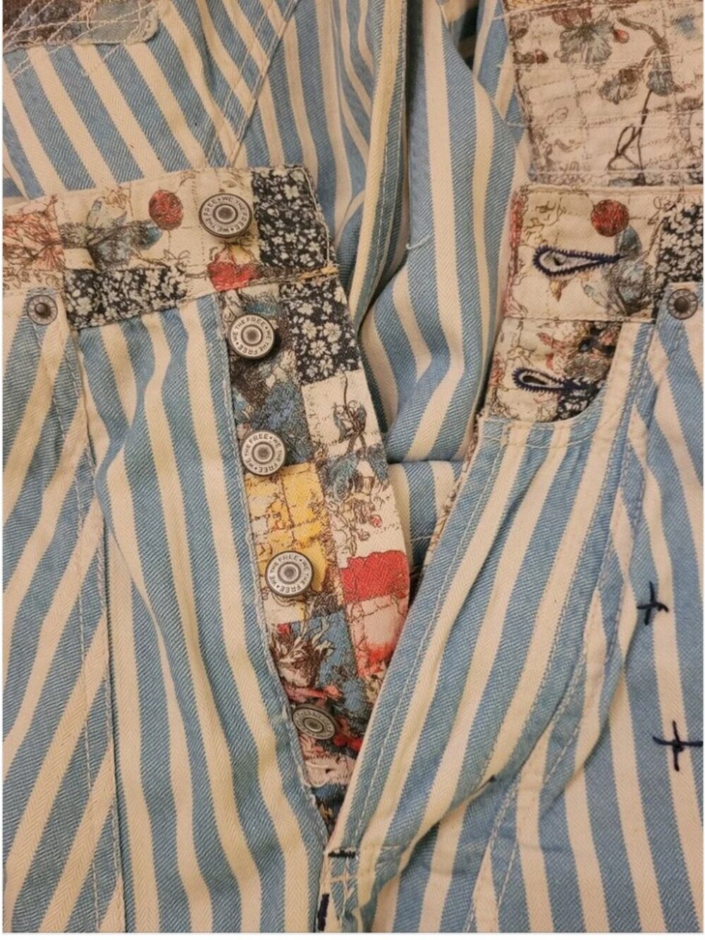Free People NWT Patchwork Wide Leg Railroad Stripe Cotton Fabric Jeans Pants - Picture 7 of 7